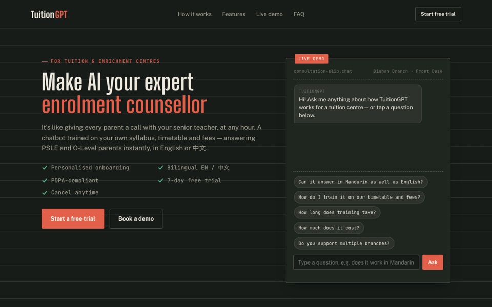 TuitionGPT — tuition centre enrolment chatbot